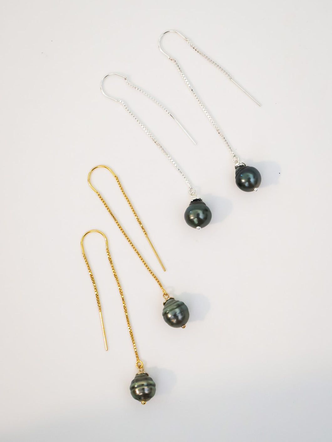 Threader dangles with Tahitian pearls