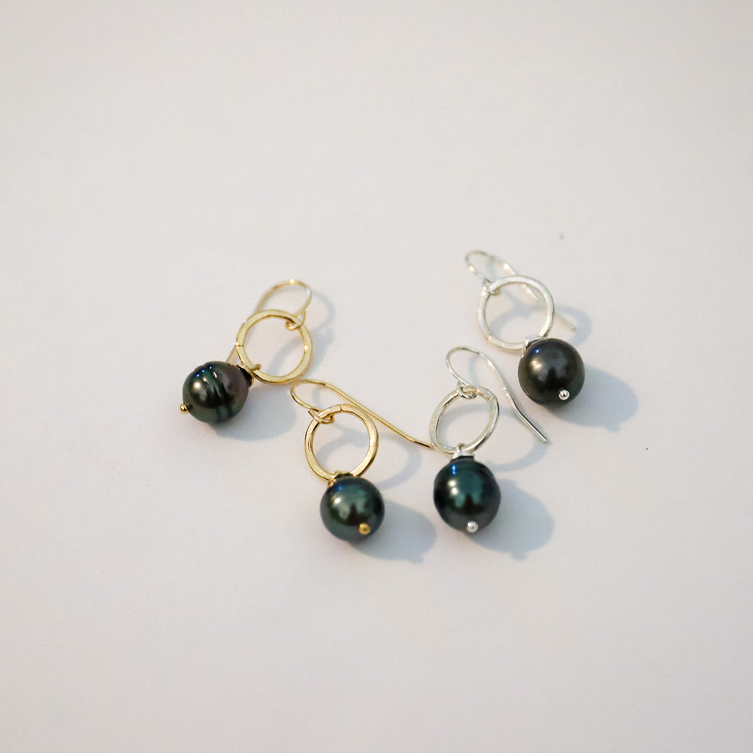 Spirit Circle dangle earrings with Tahitian pearls