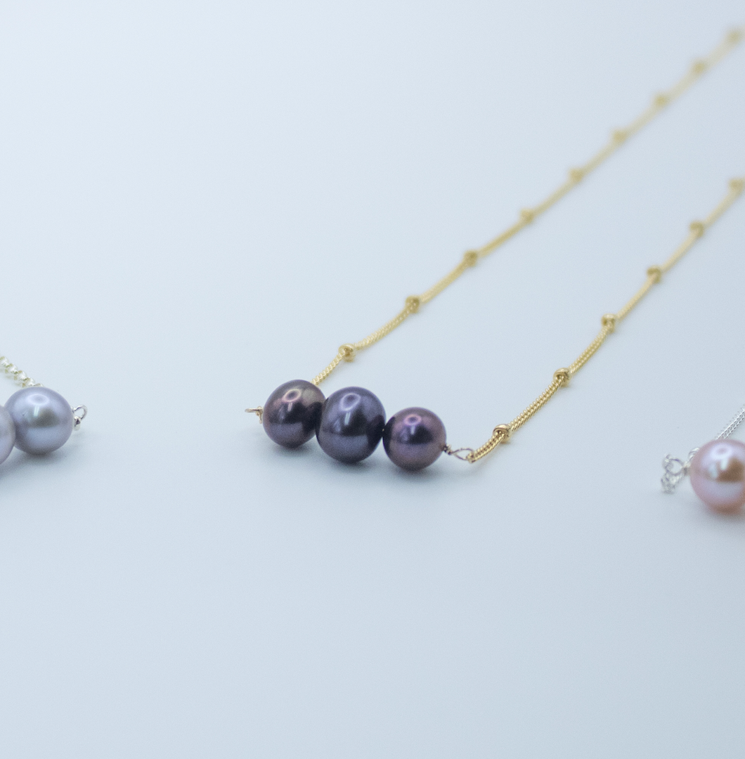 Triple tiny fresh water pearl bar necklace