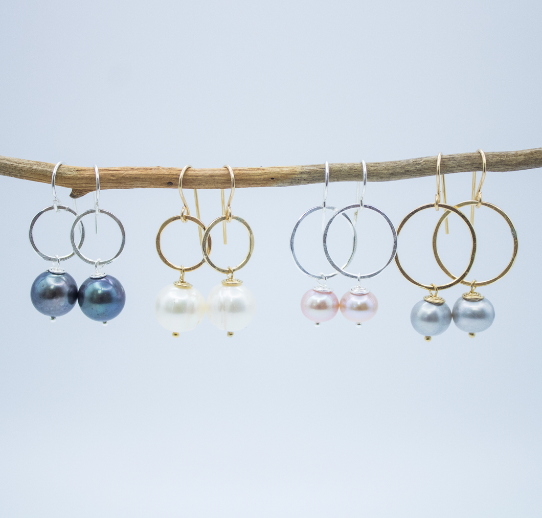 Spirit Circle dangle earrings with medium round fresh water pearls